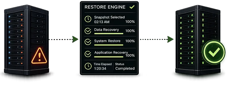 Server rack with automatic data recovery dashboard