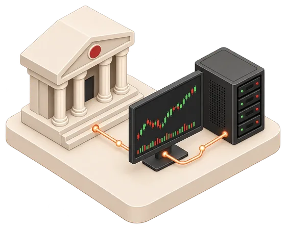 Isometric bank building next to a trading chart and a server