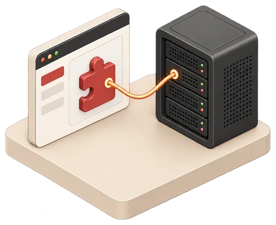 Isometric application window with a puzzle piece cabled into a server