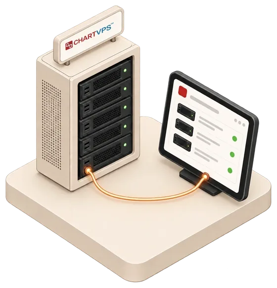 Isometric ChartVPS-branded server rack cabled to a partner dashboard with its own logo slot