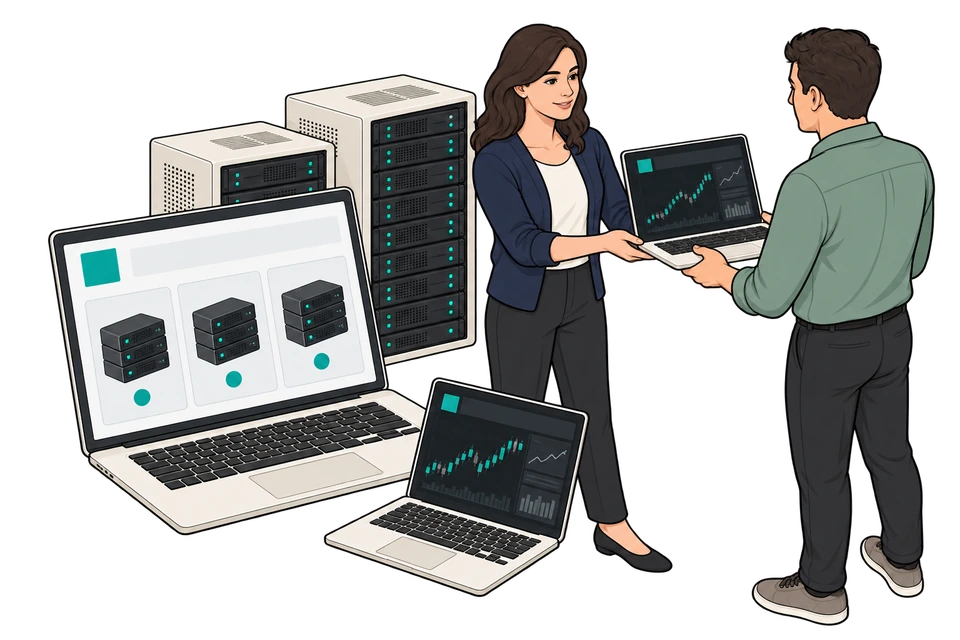 A reseller delivers branded trading workspaces to customers through a hosting storefront backed by managed servers