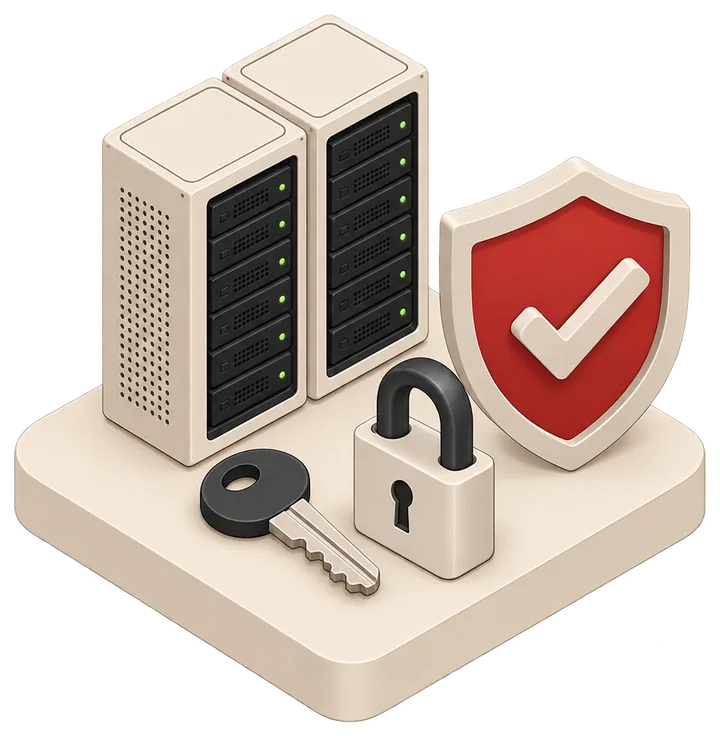 Isometric server racks beside a shield with a checkmark, a key and a padlock
