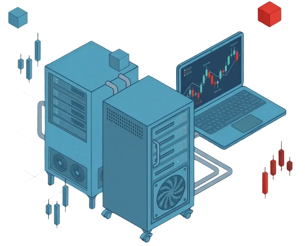 Isometric illustration of dedicated rack servers beside a laptop showing live trading charts