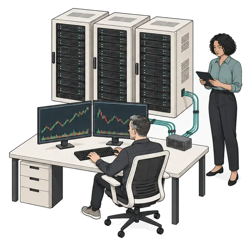 A trader at a desk with market charts, connected to managed server racks while an infrastructure engineer checks a tablet